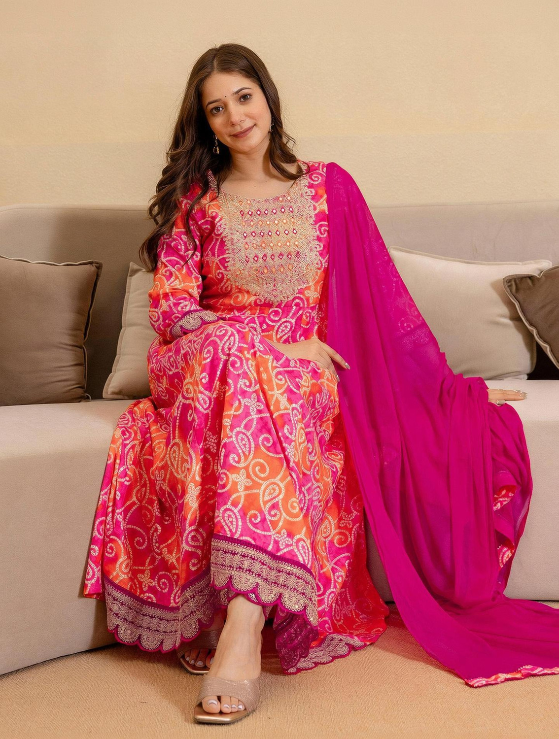 Image of Tasrika Printed Anarkali Kurta, Bottom & Dupatta Set