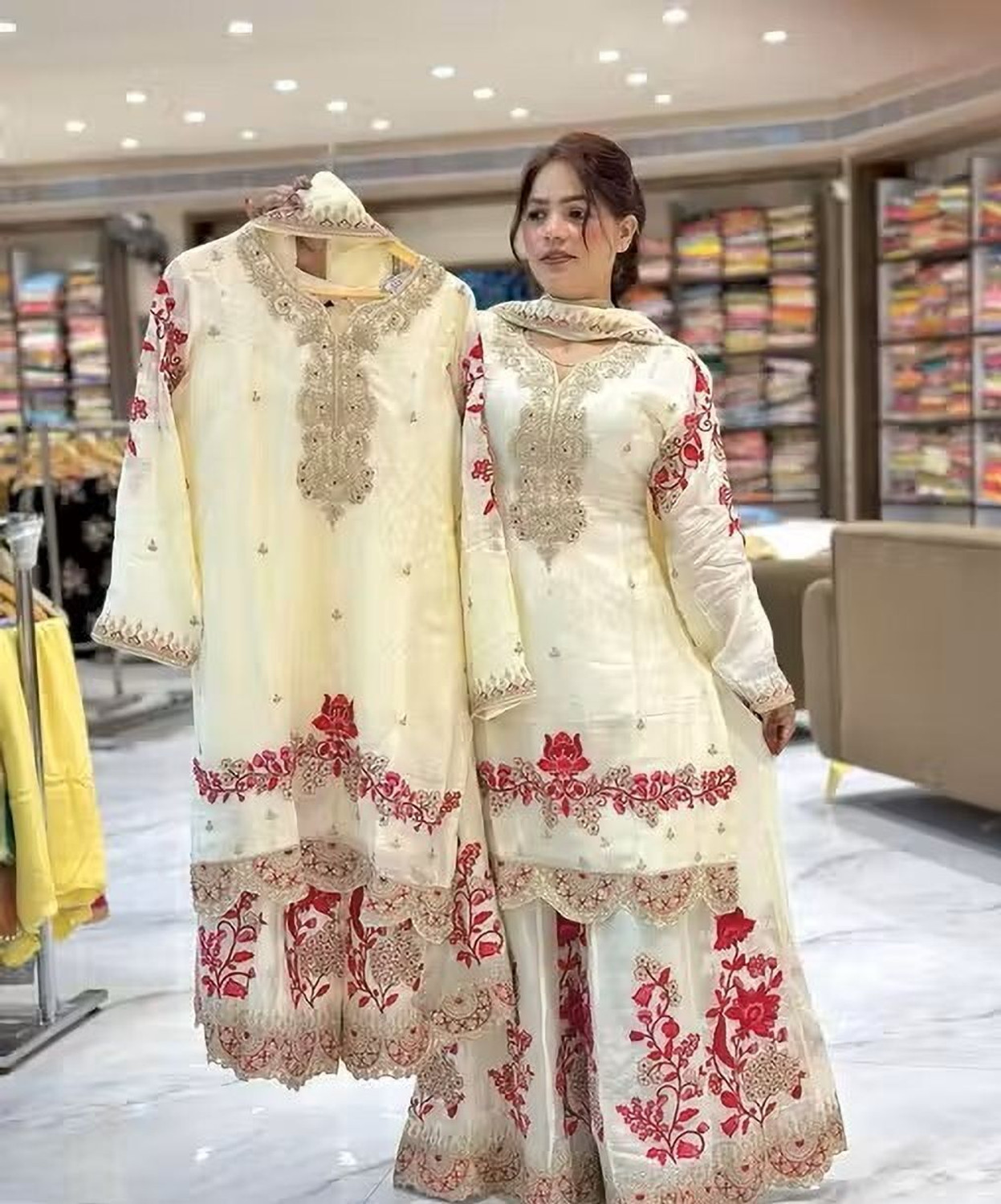 Image of ARVILAS Embroidered Kurta, Trouser /Pant & Dupatta Set