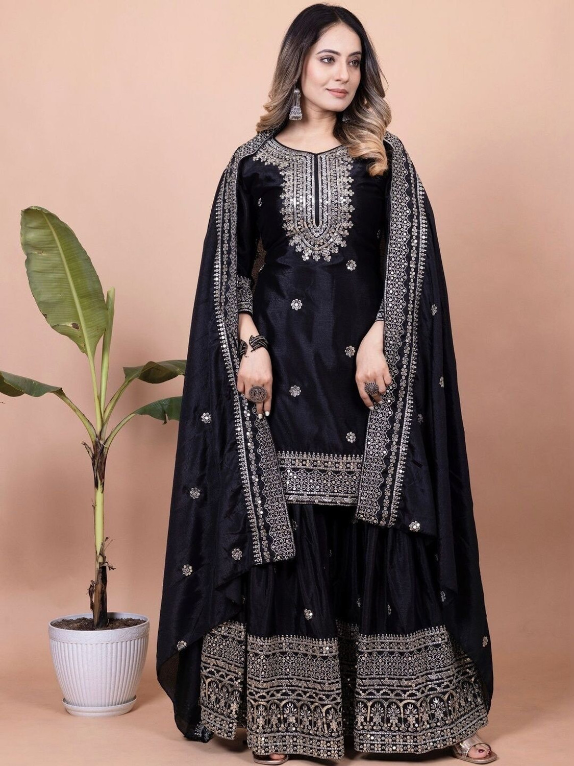Image of ARVILAS Embroidered Kurta, Trouser /Pant & Dupatta Set