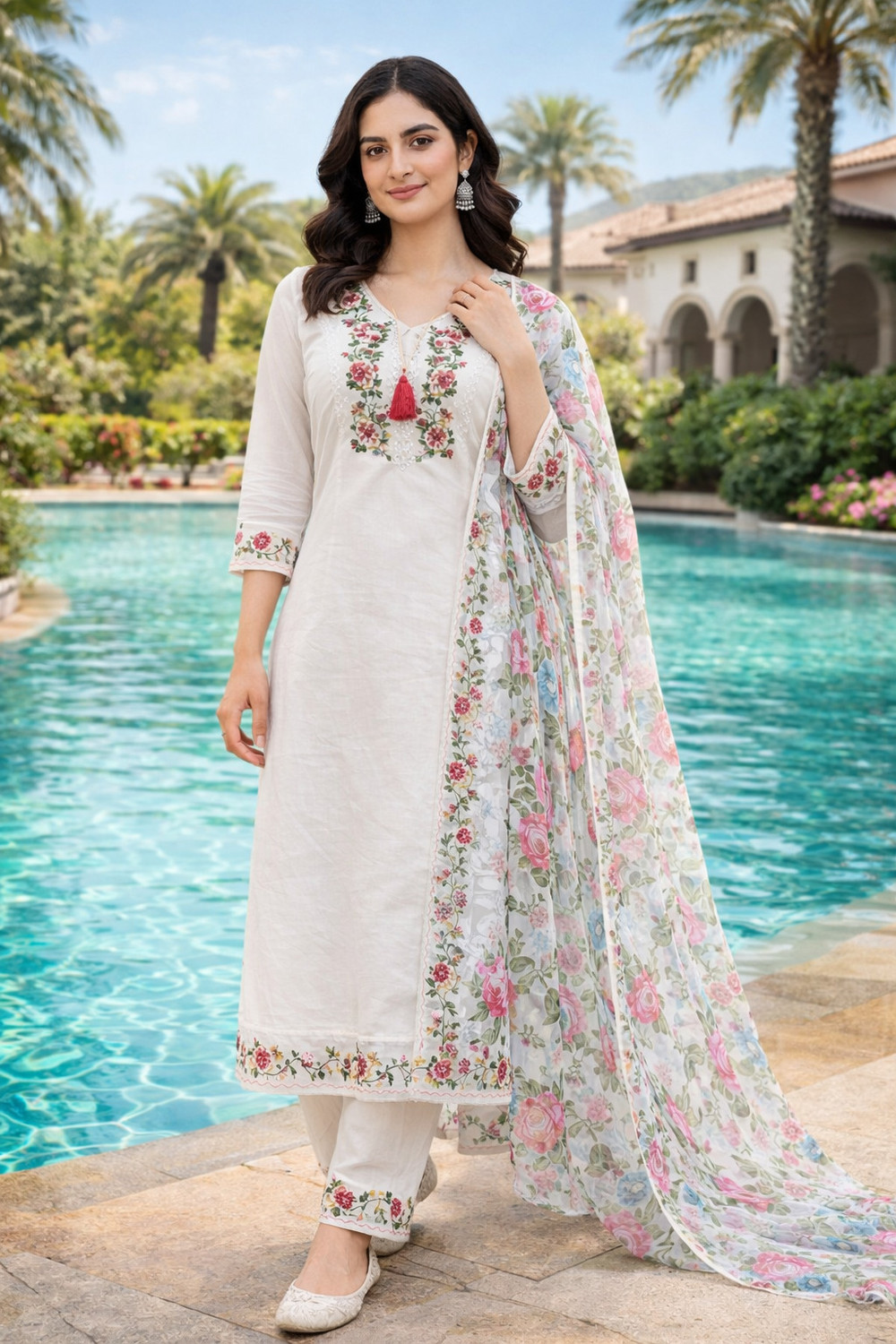 Image of CHECHI Embroidered Kurta, Palazzo & Dupatta Set