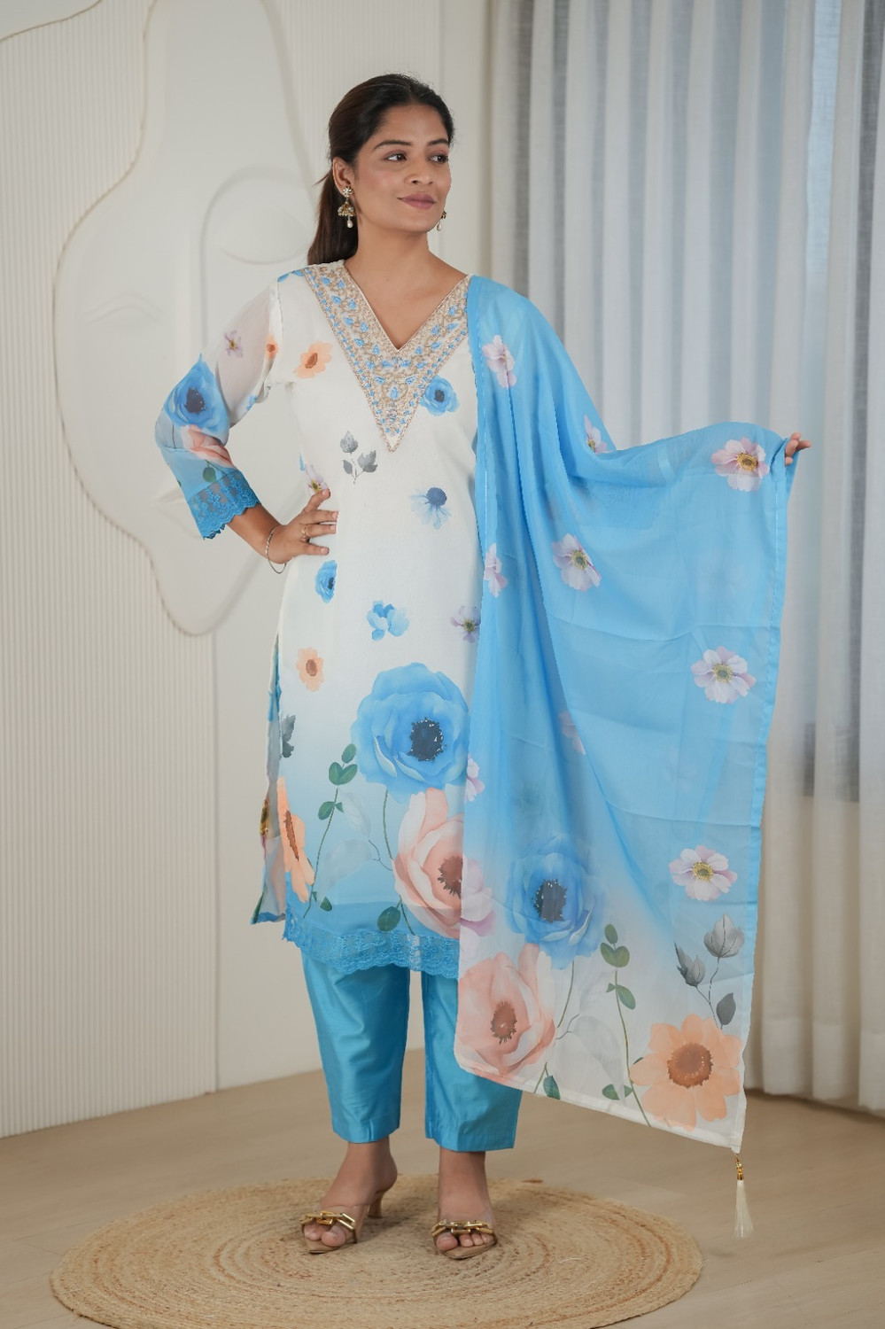 Image of KRISHNAHFAB Embroidered, Embellished Kurta, Trouser /Pant & Dupatta Set