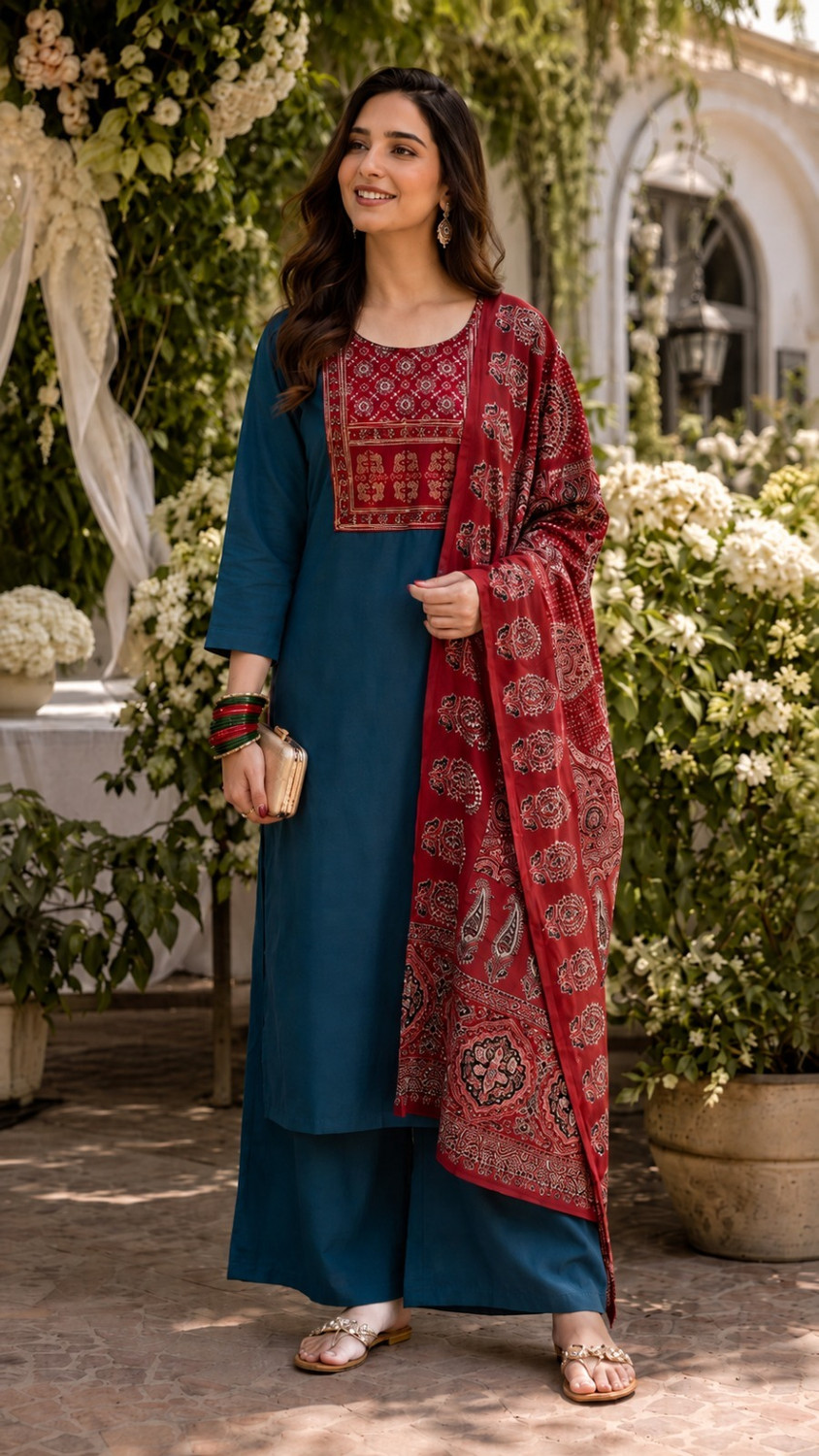 Image of KALPHEM Women Pure Cotton Floral Print Kurta, Palazzo & Dupatta Set