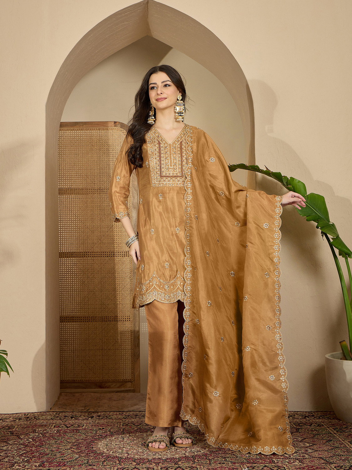 Image of Sangria Teal Silk Blend Zari Sequence Thread Kurta With Palazzo And Dupatta Embroidered, Embellished Kurta, Palazzo & Dupatta Set