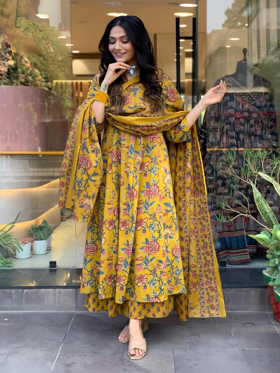 Image of Sonali Fab Printed Anarkali Kurta, Bottom & Dupatta Set