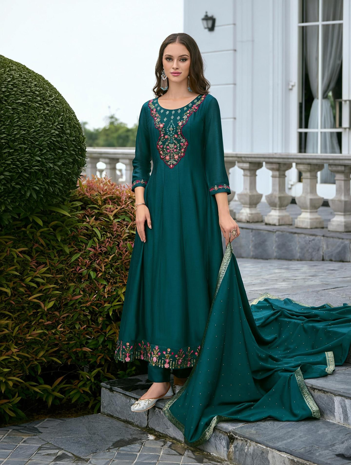 Image of Tasrika Printed Anarkali Kurta, Bottom & Dupatta Set