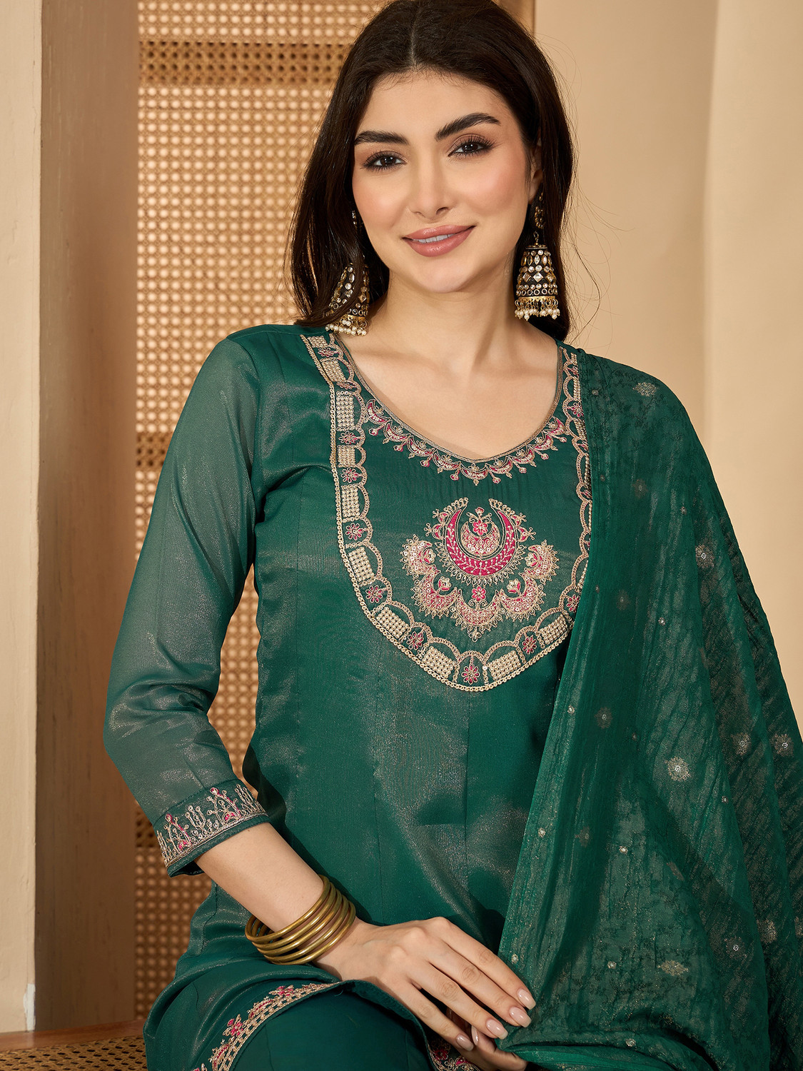 Image of Sangria Teal Silk Blend Zari Sequence Thread Kurta With Palazzo And Dupatta Embroidered, Embellished Kurta, Palazzo & Dupatta Set