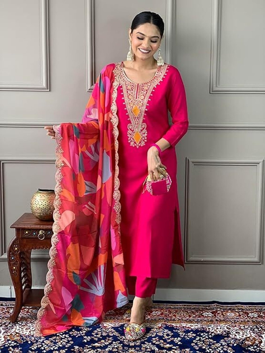 Image of Priniti Women Cotton Rayon Kurta Pant Dupatta Set