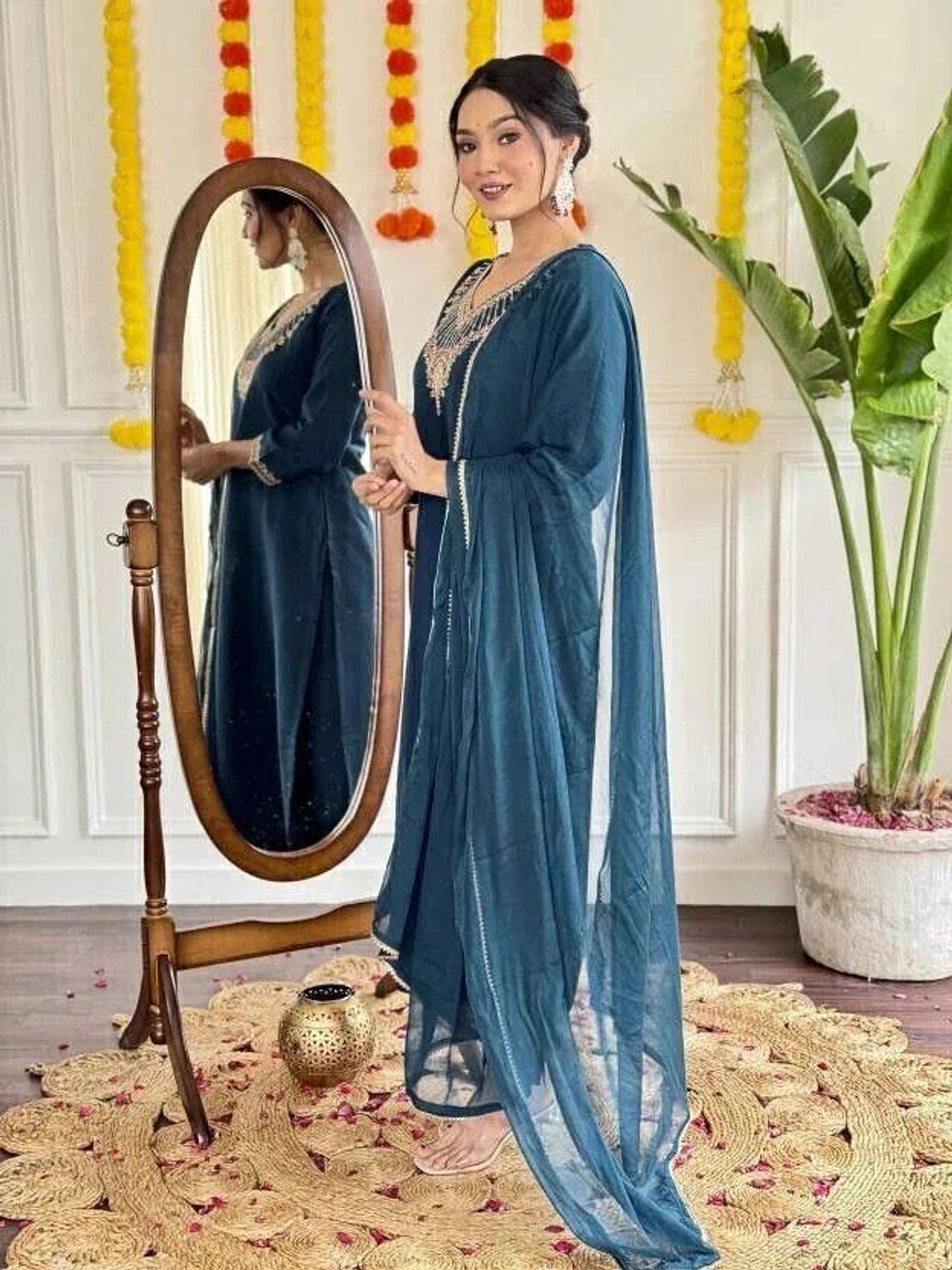 Image of PILUDI HOUSE Embroidered Kurta, Salwar & Dupatta Set