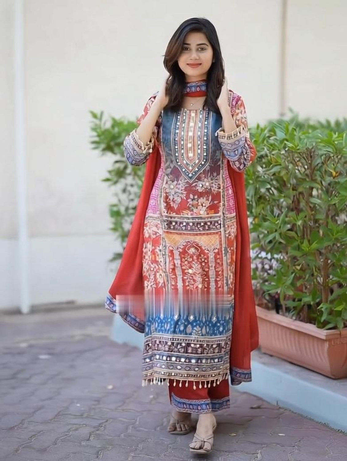 Image of HAMOFY A-71-422-BLUE Embroidered, Woven, Floral Print Kurta, Trouser /Pant & Dupatta Set