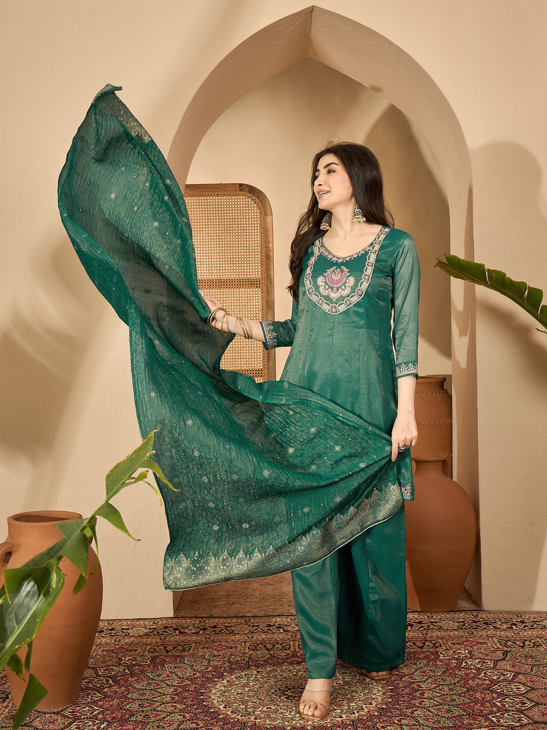 Image of Sangria Teal Silk Blend Zari Sequence Thread Kurta With Palazzo And Dupatta Embroidered, Embellished Kurta, Palazzo & Dupatta Set