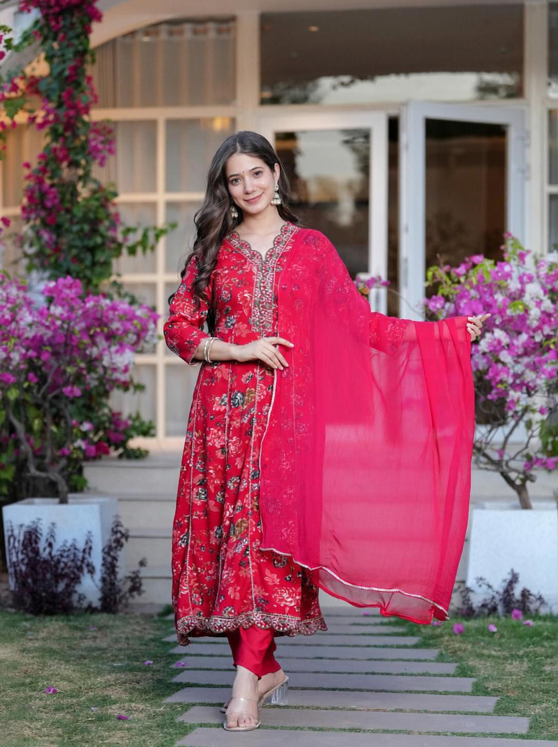 Image of Tasrika Printed Anarkali Kurta, Bottom & Dupatta Set