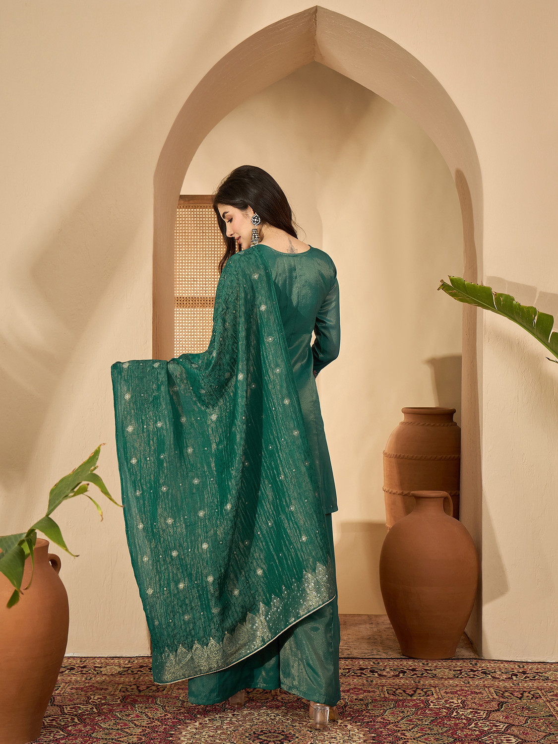 Image of Sangria Teal Silk Blend Zari Sequence Thread Kurta With Palazzo And Dupatta Embroidered, Embellished Kurta, Palazzo & Dupatta Set