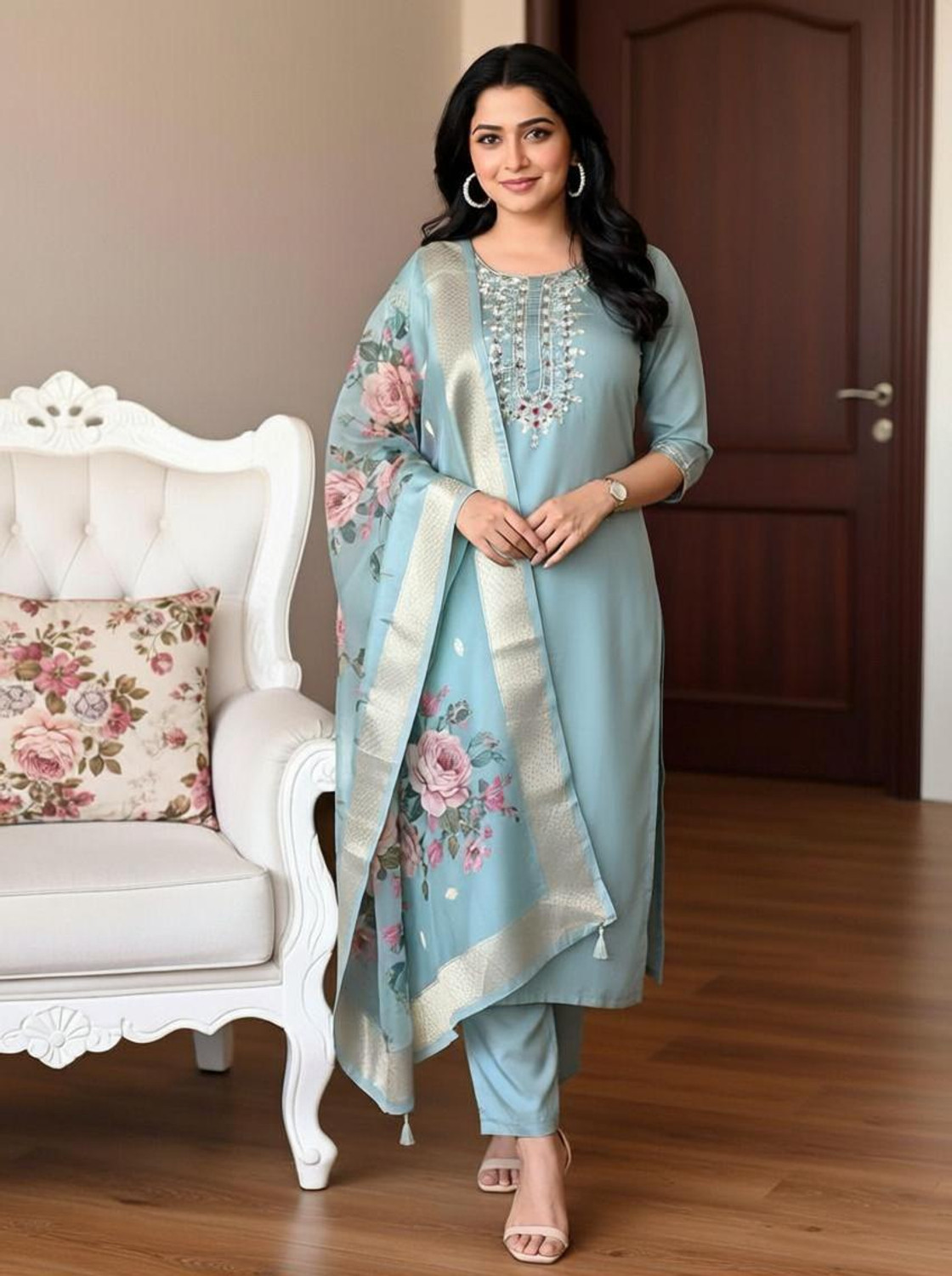 Image of NARI DREAM Women Tussar Silk Kurta Pant Attached Dupatta Set