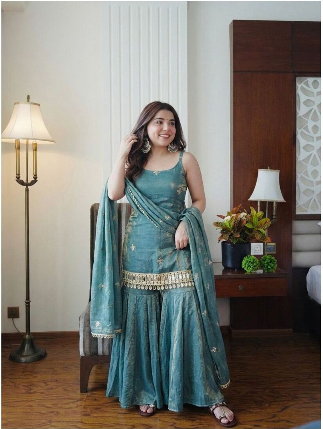 Image of Afrin Embroidered Kurta, Sharara & Dupatta Set