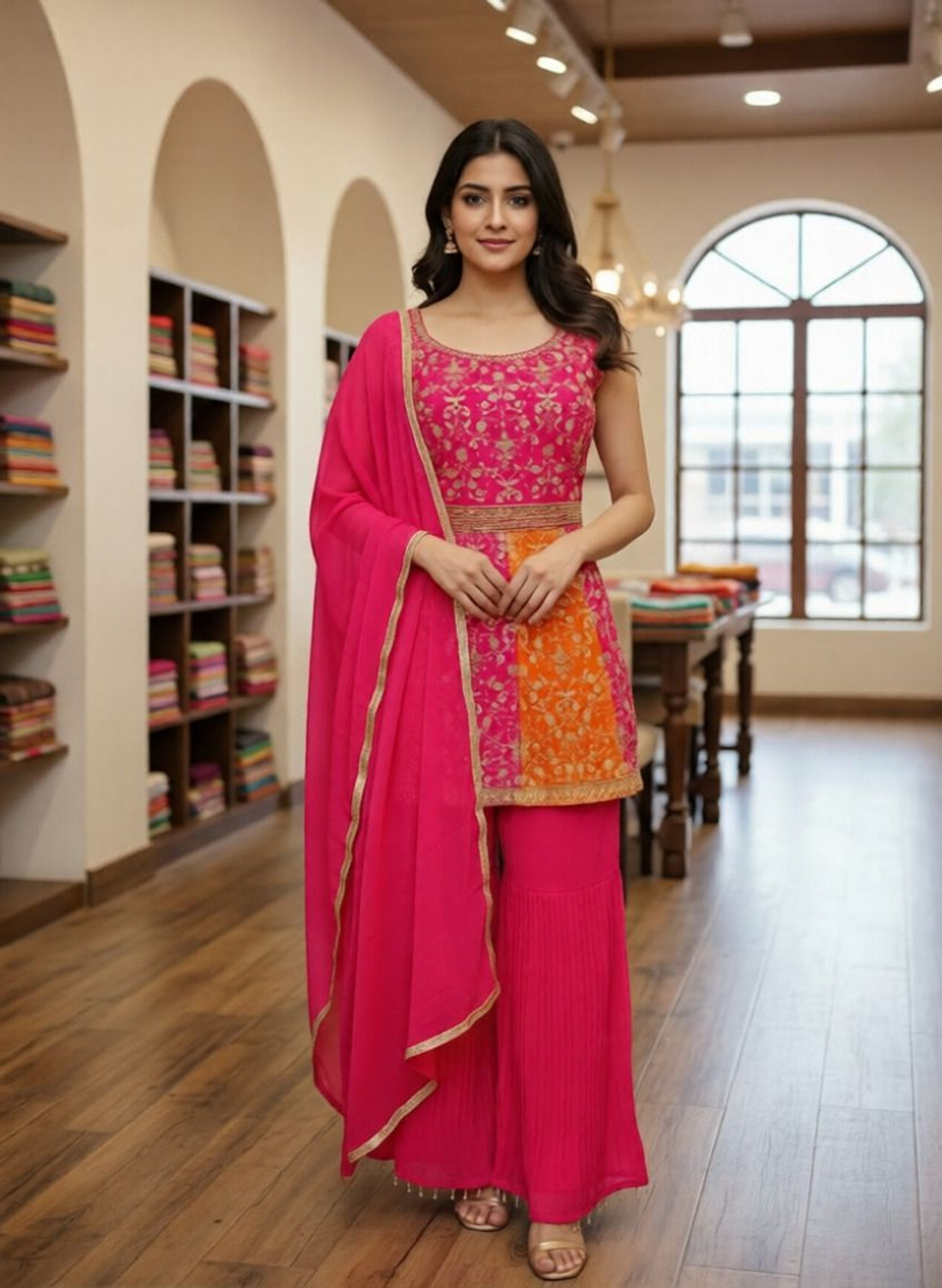Image of Xomantic FASHION Embroidered Kurta, Sharara & Dupatta Set