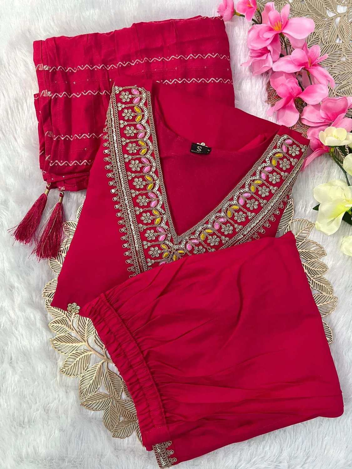 Image of MAA SHAKTI ENTERPRISE SHREE VASTRA Self Design Kurta, Trouser /Pant & Dupatta Set