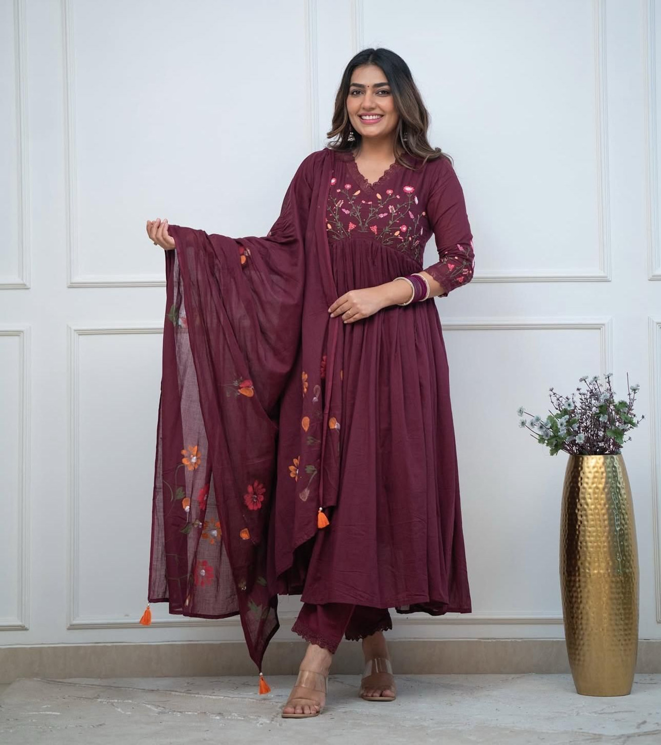 Image of BINKAL Embroidered Anarkali Kurta, Bottom & Dupatta Set