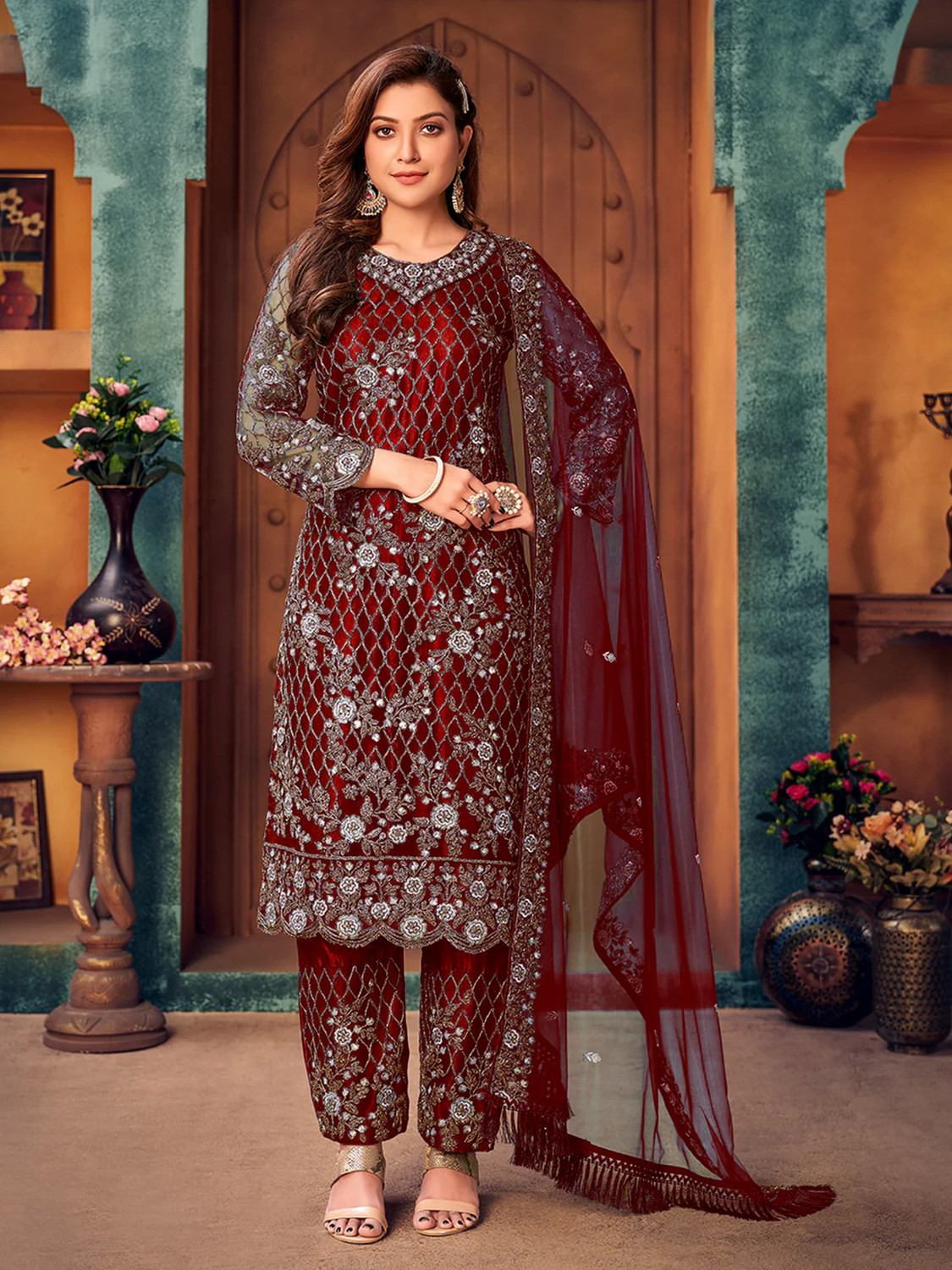 Image of HAMOFY Women Silk Blend Kurti Pant Dupatta Set