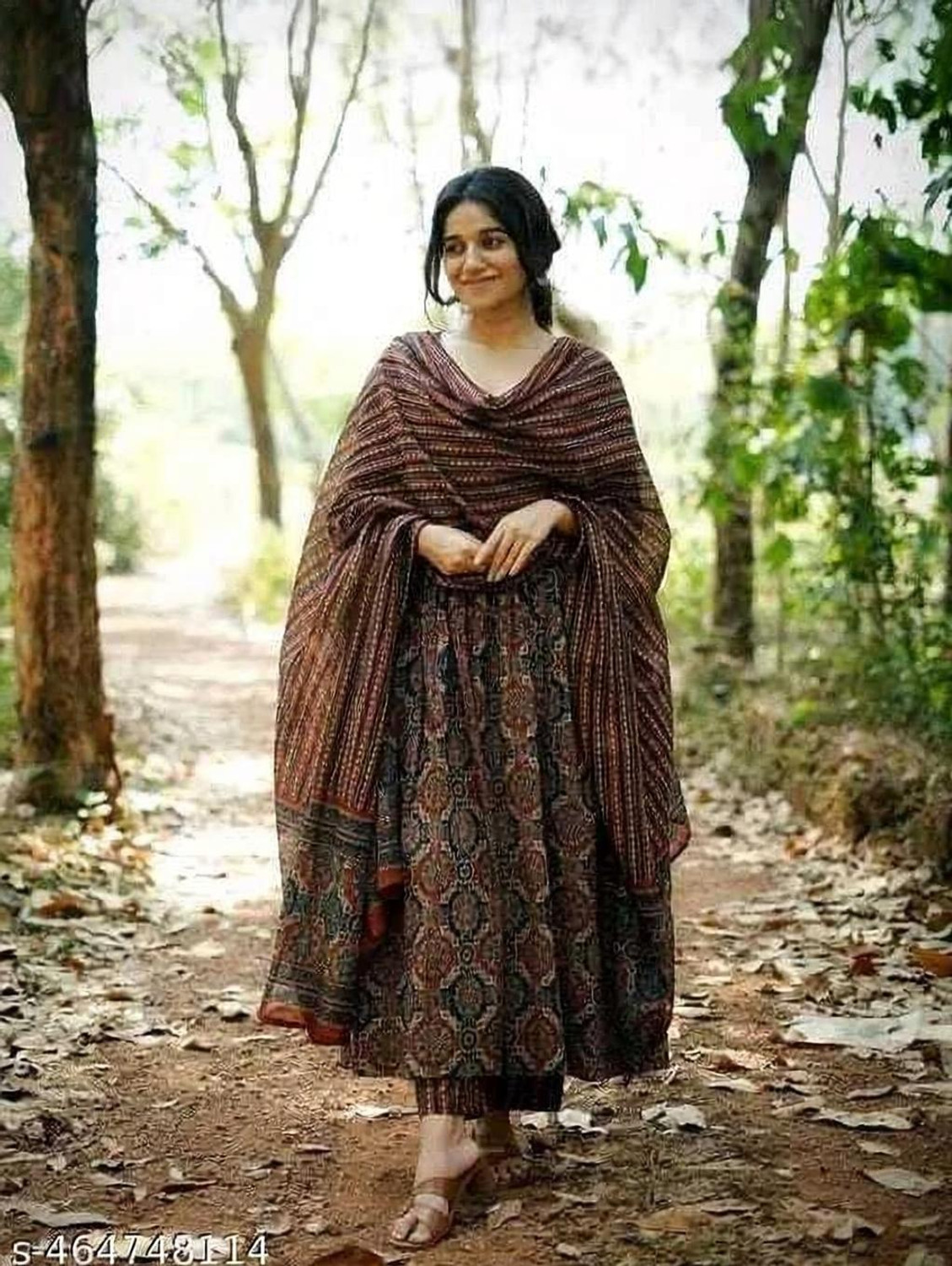 Image of AZYERA Printed Anarkali Kurta, Bottom & Dupatta Set