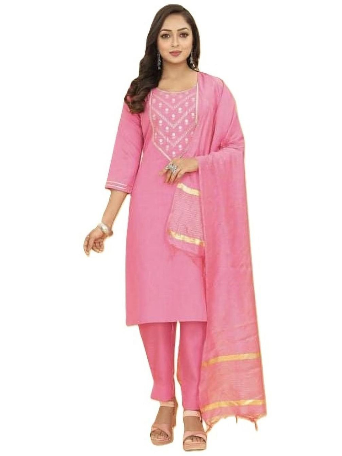 Image of Mariyam enterprises Pink-SuitSet Embroidered Kurta, Trouser /Pant & Dupatta Set
