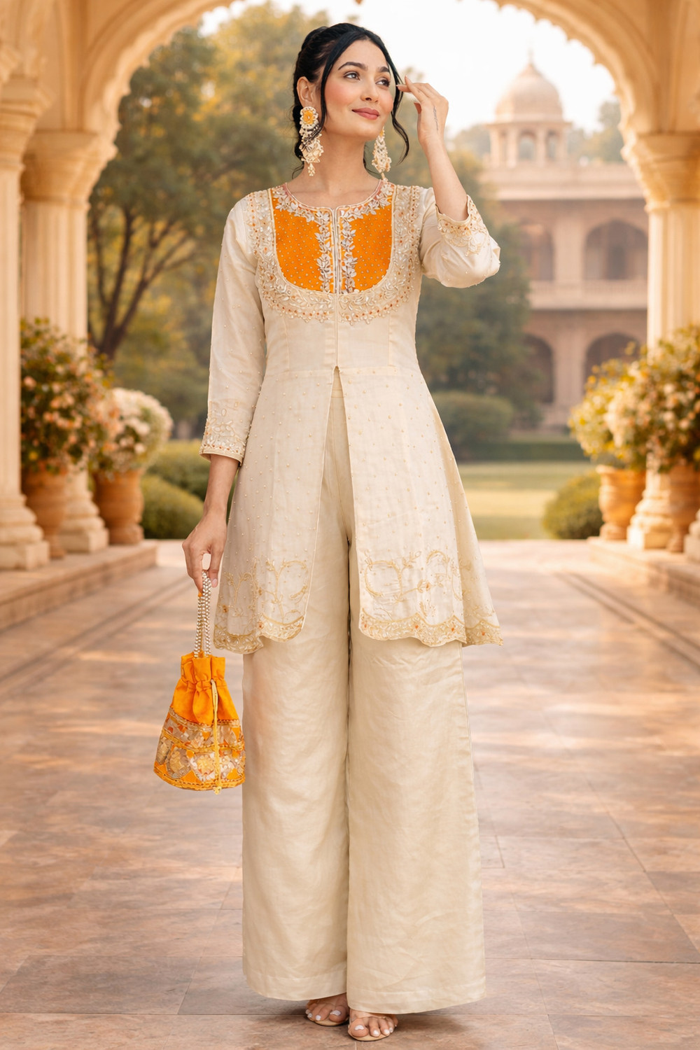 Image of KRISHNAHFAB Embroidered, Embellished Kurta, Trouser /Pant & Dupatta Set