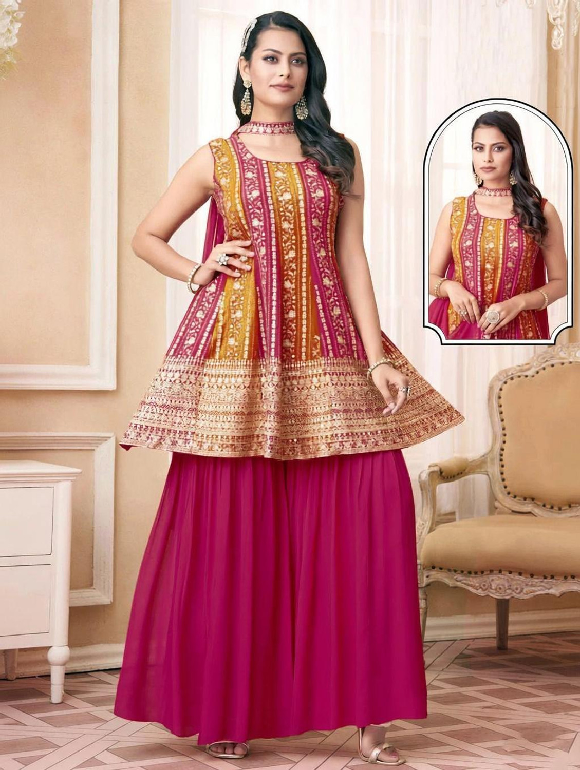 Image of Xomantic FASHION Embroidered Kurta, Sharara & Dupatta Set