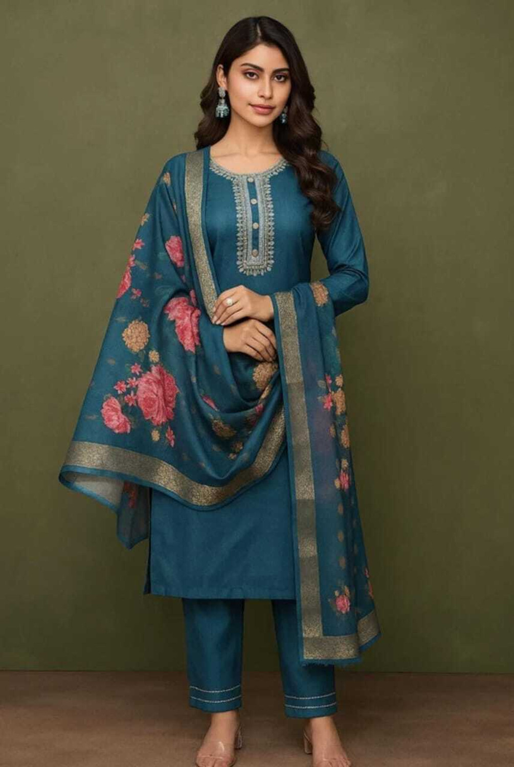 Image of SifaFashion Women Maroon Embrorded and Floral Printed Kurta Pant Dupatta Set Embroidered Kurta, Trouser /Pant & Dupatta Set