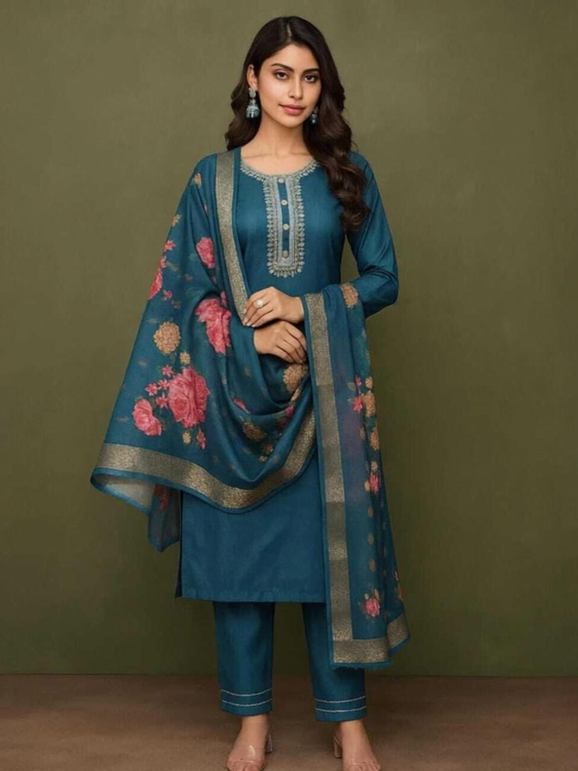 Image of SifaFashion Women Maroon Embrorded and Floral Printed Kurta Pant Dupatta Set Embroidered Kurta, Trouser /Pant & Dupatta Set