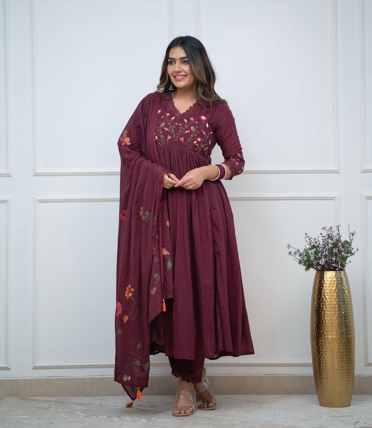 Image of BINKAL Embroidered Anarkali Kurta, Bottom & Dupatta Set