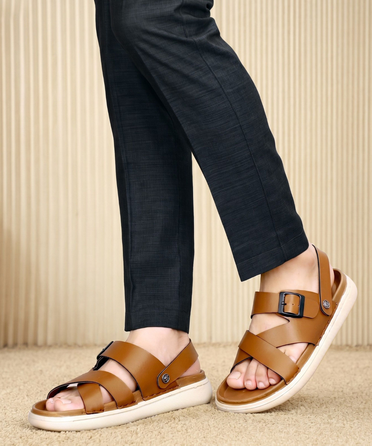 Image of FooTken Men Flats Sandal (Tan , 10)