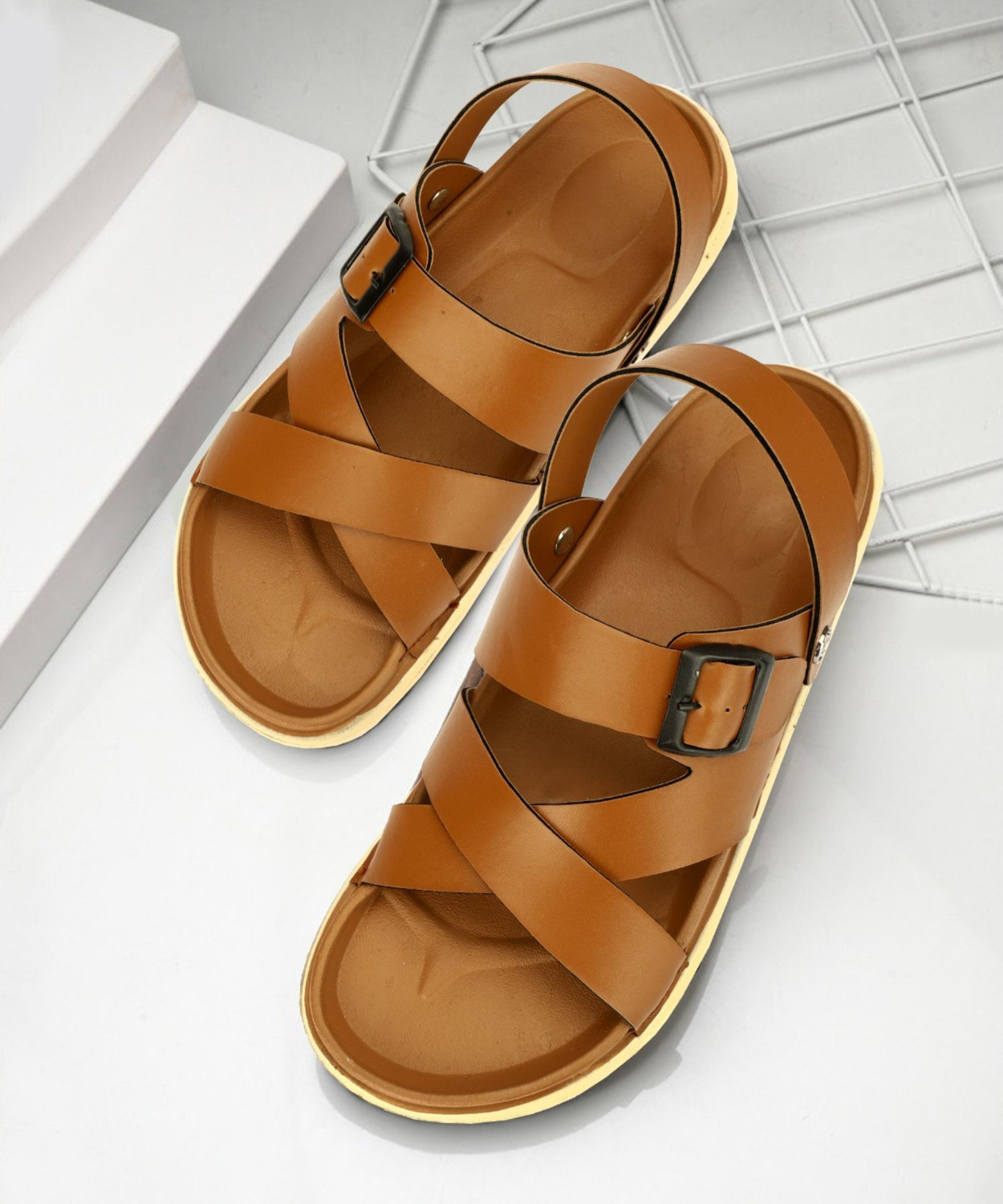 Image of FooTken Men Flats Sandal (Tan , 10)