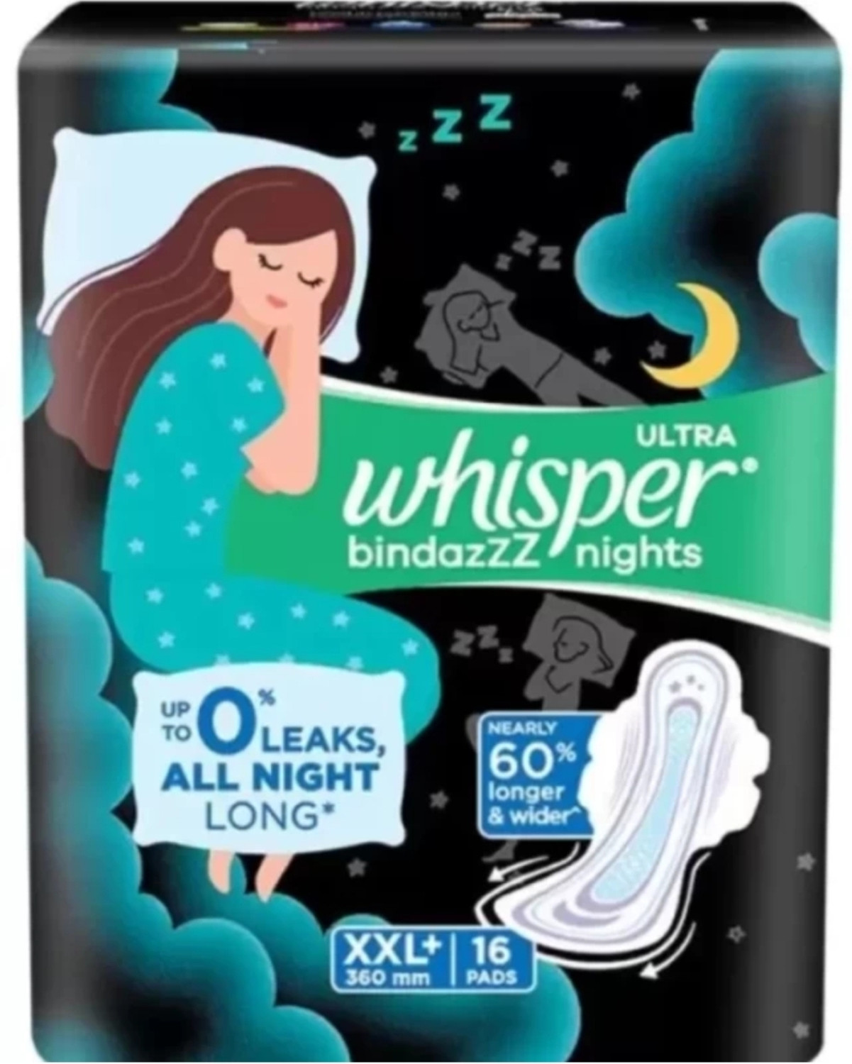 Image of Whisper BINDAZZZ NIGHTS XXL+, UPTO 0% LEAKS ALL NIGHT LONG Sanitary Pad