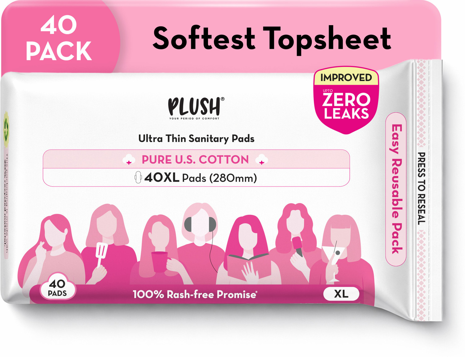 PLUSH 100% U.S Cotton Rashfree Sanitary Pads - Pack of 40 XL Sanitary Pad (Pack of 40) - Image 1