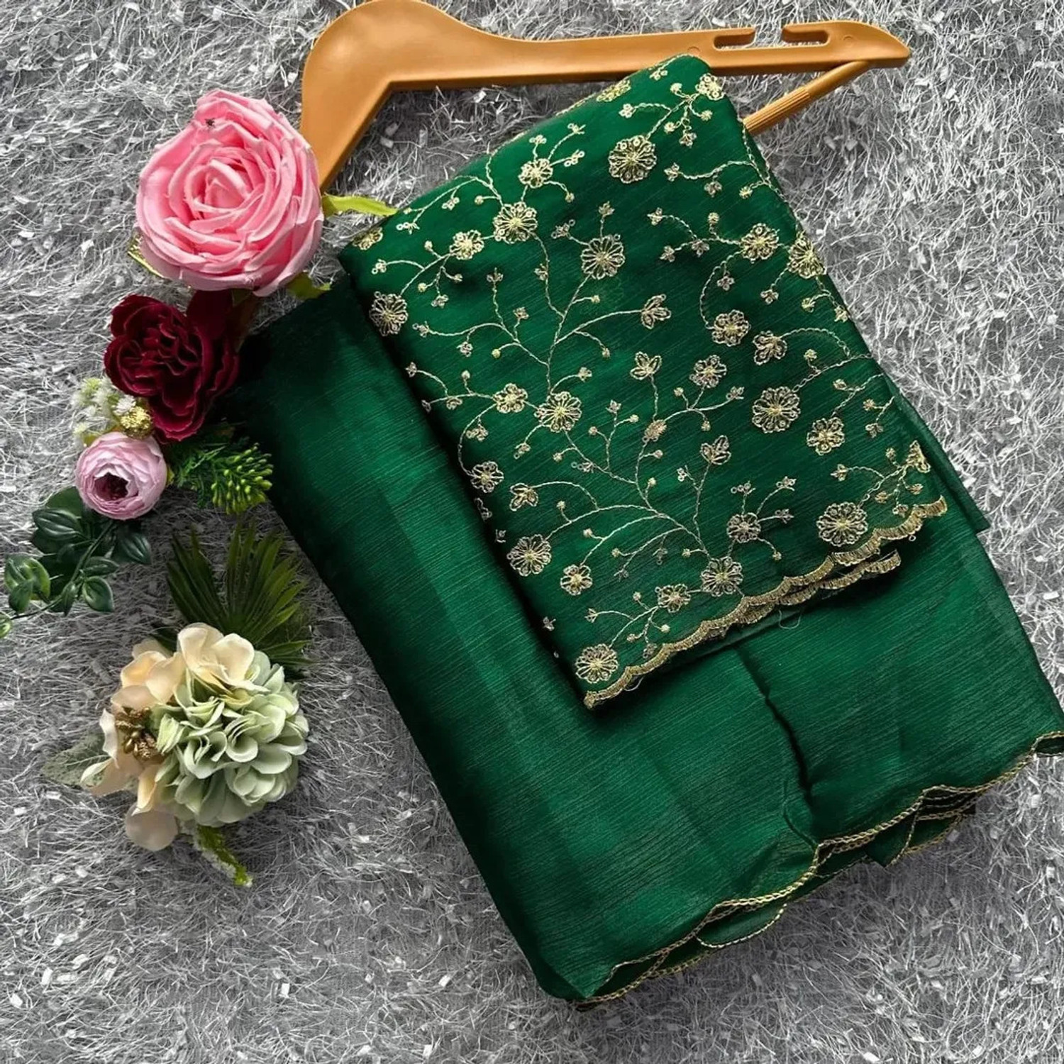 Image of BL Group Tie-Dye Assam Silk Chiffon Saree (Red, Yellow, Dark Green, Gold)