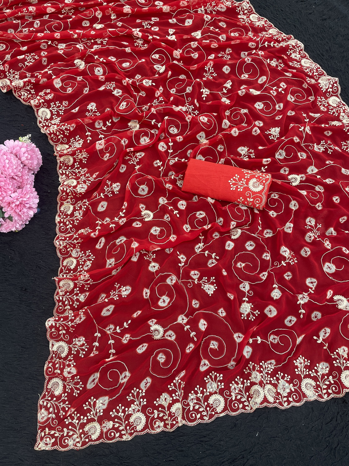 Image of SAMSAAH Embroidered, Tie-Dye Bandhani Georgette Saree (Red)