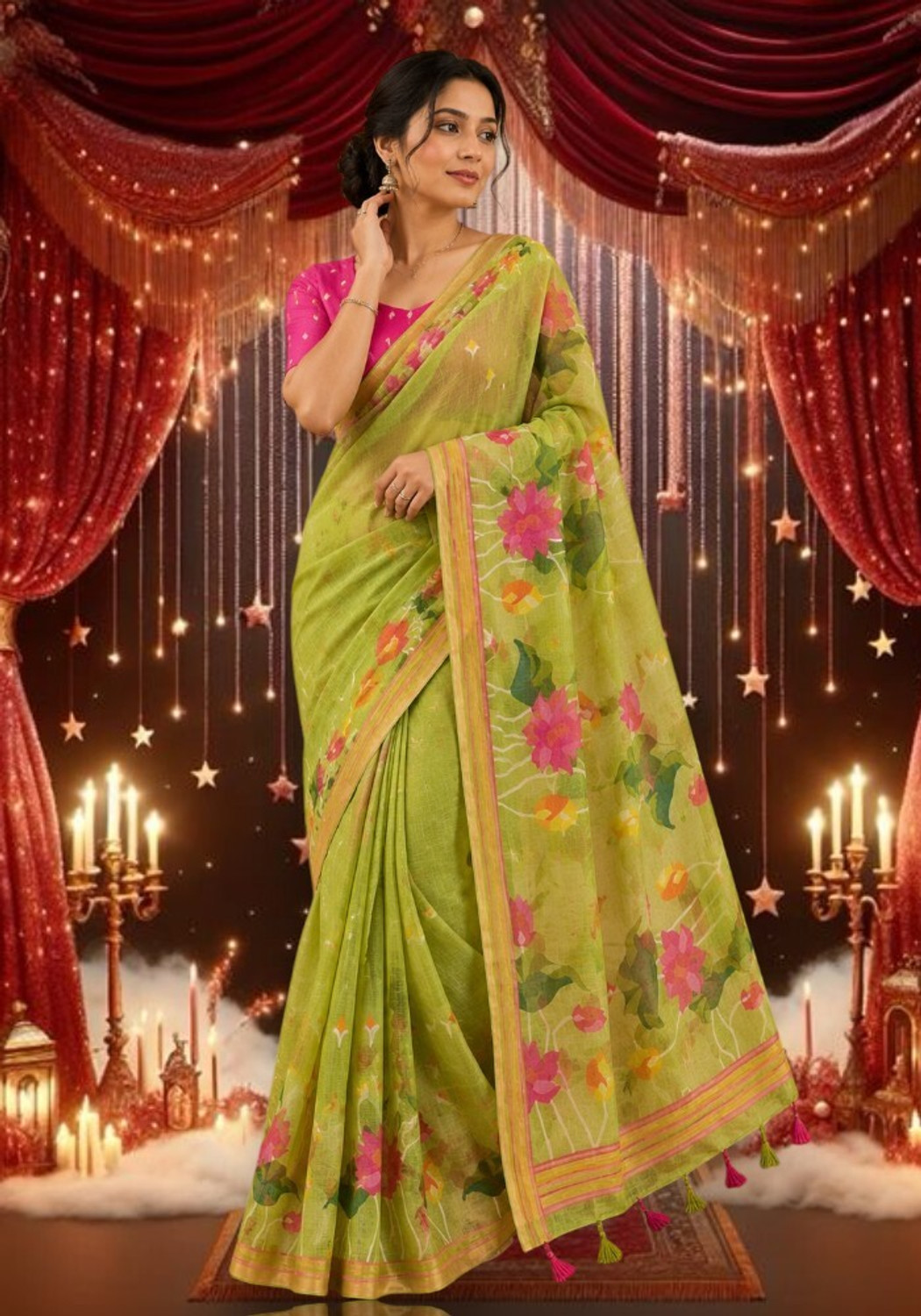 Image of MDS Embroidered, Floral Print, Embellished Bollywood Cotton Linen Saree (Multicolor)
