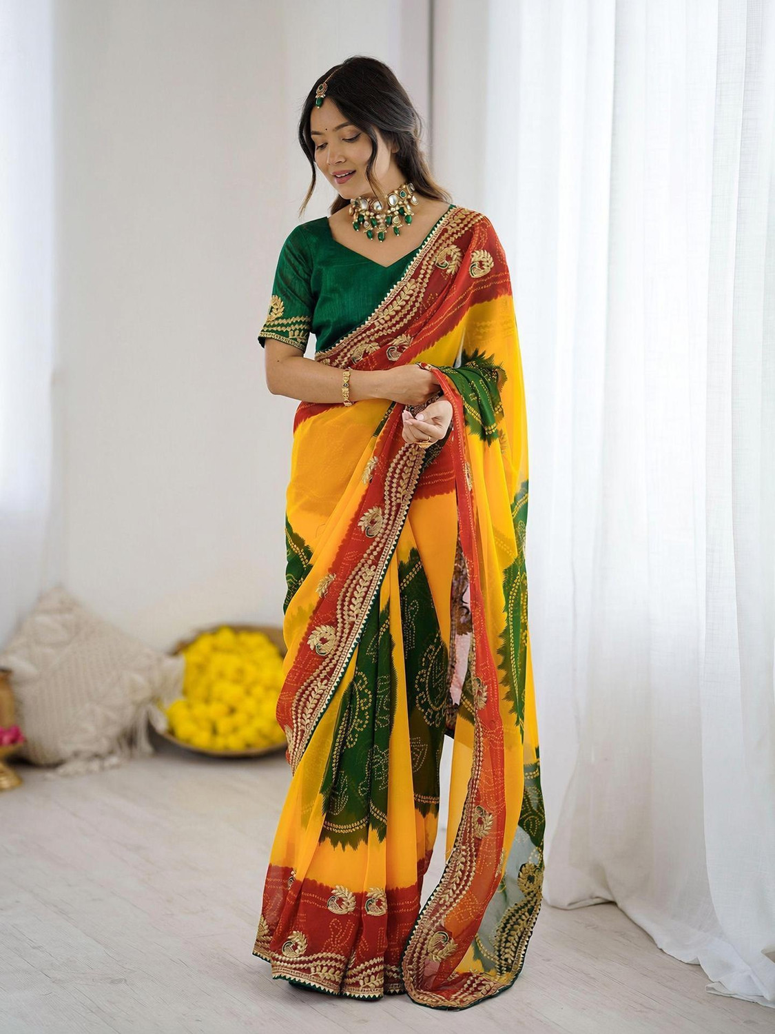 Image of BL Group Tie-Dye Assam Silk Chiffon Saree (Red, Yellow, Dark Green, Gold)