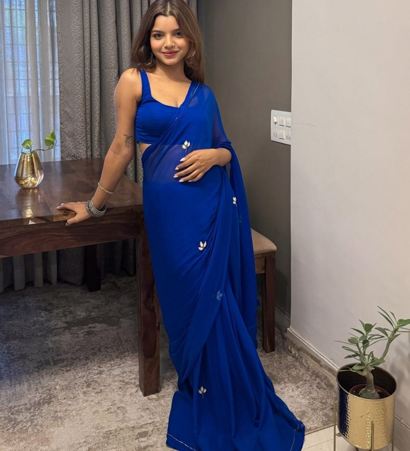 Image of Forward Twins Embroidered Bollywood Georgette Saree (Blue)