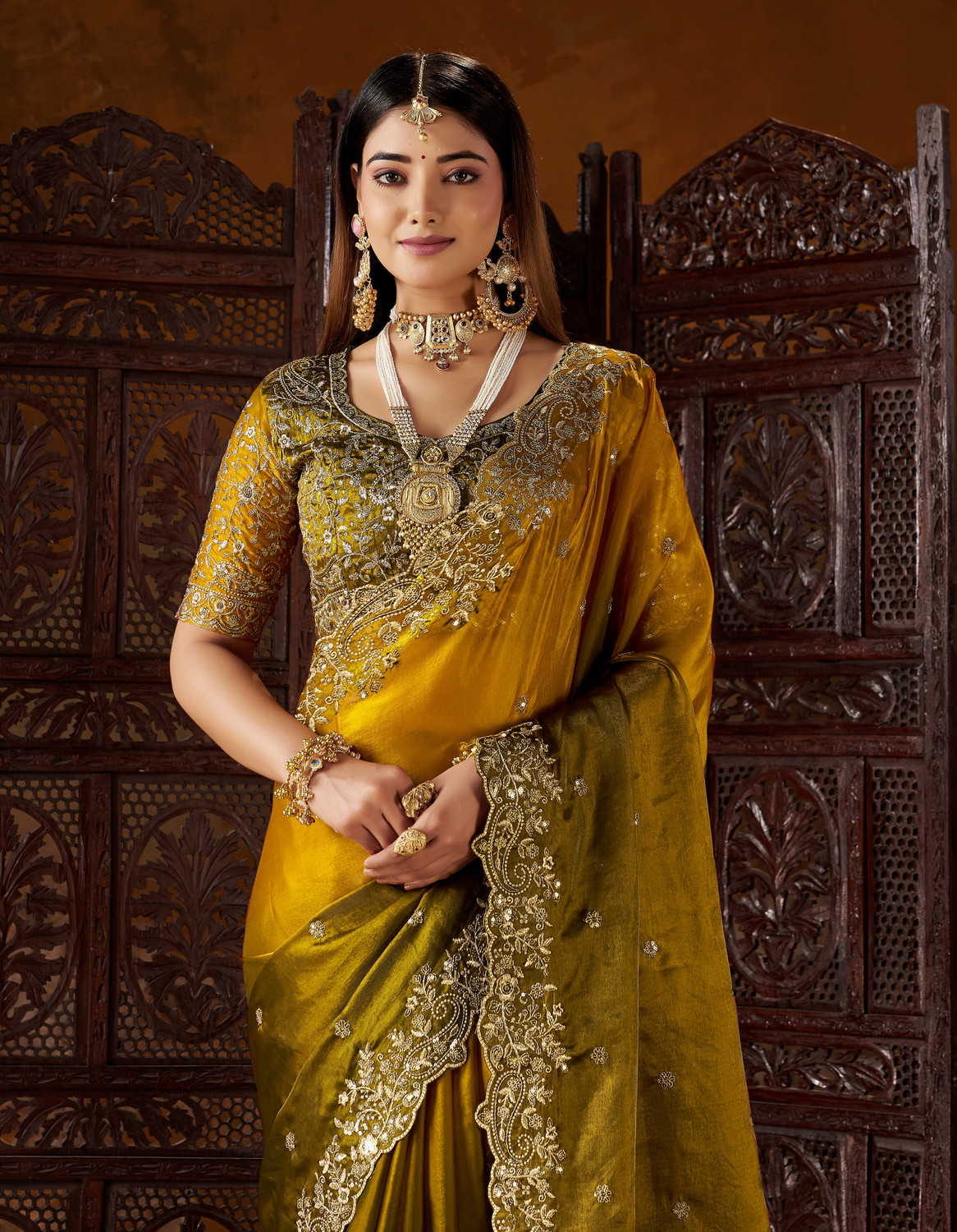 Image of signagraph Embroidered Bollywood Satin Saree (Multicolor)