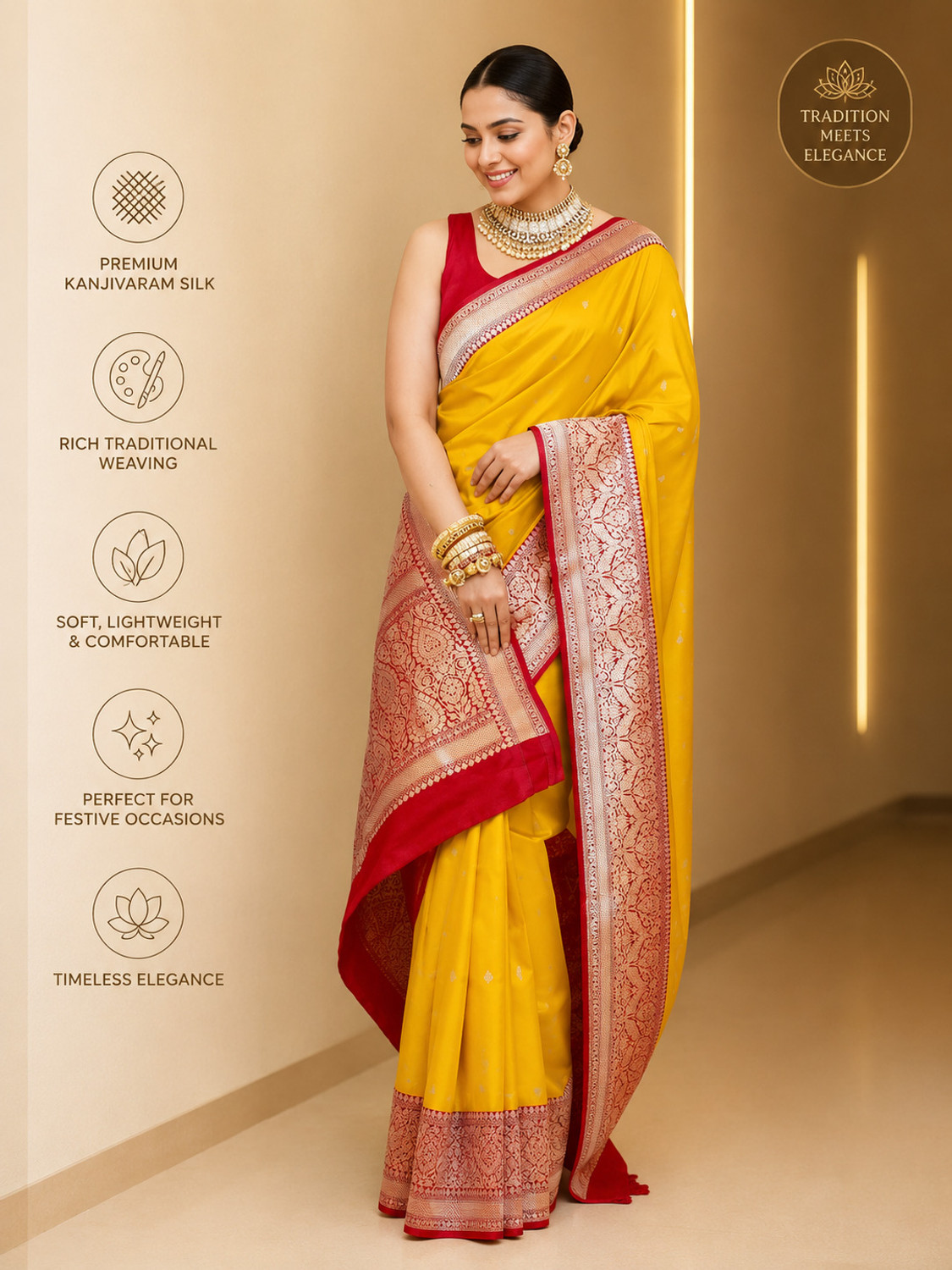 Image of WEYLIN Woven Kanjivaram Jacquard, Pure Silk Saree (Dark Green)