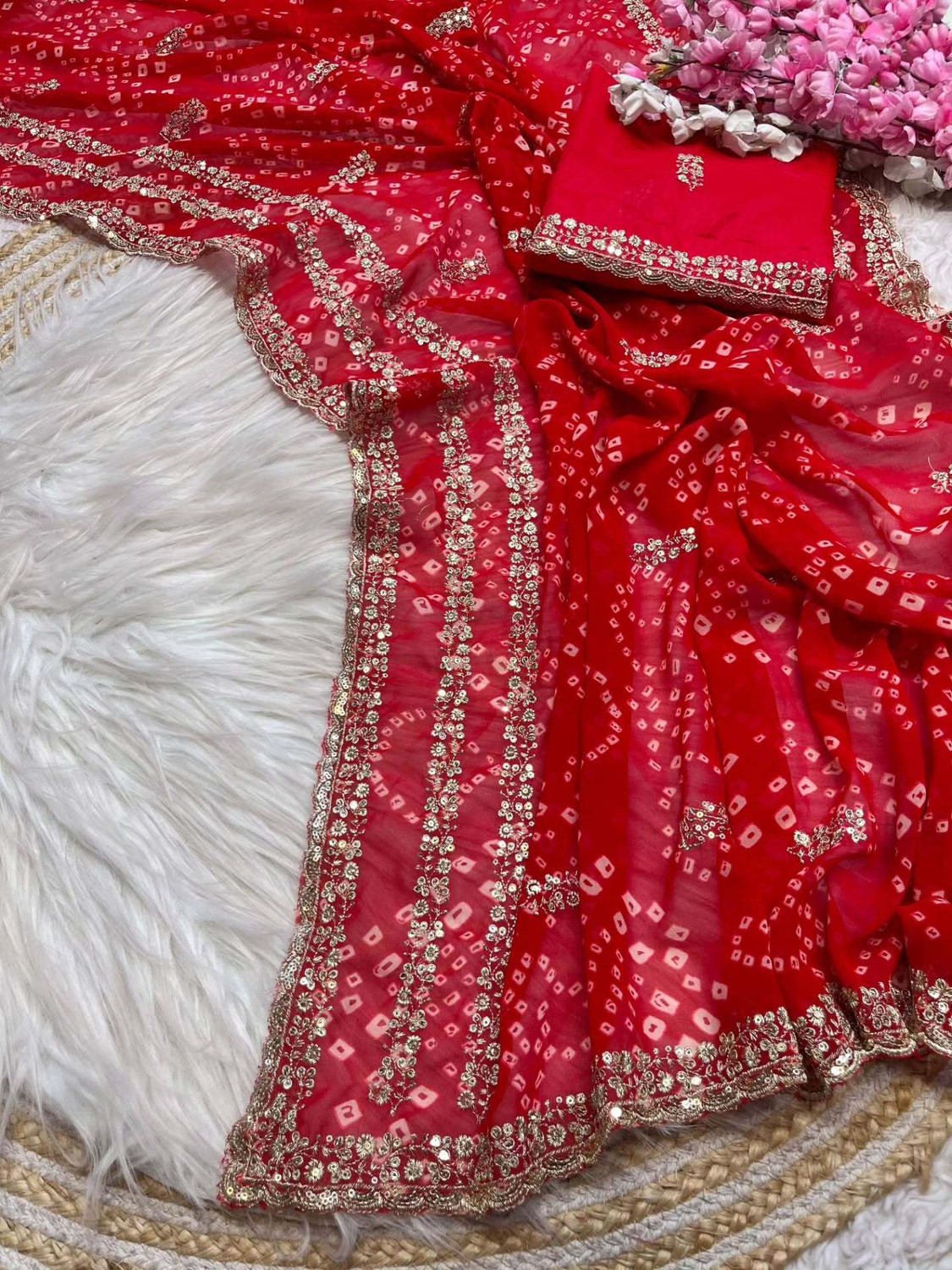 Image of SAMSAAH Embroidered, Tie-Dye Bandhani Georgette Saree (Red)
