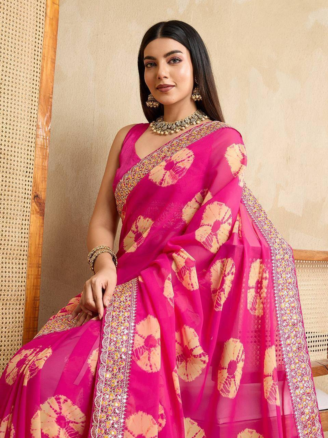 Image of NERTA BOUTIQUE Embroidered Bollywood Georgette Saree (Pink)