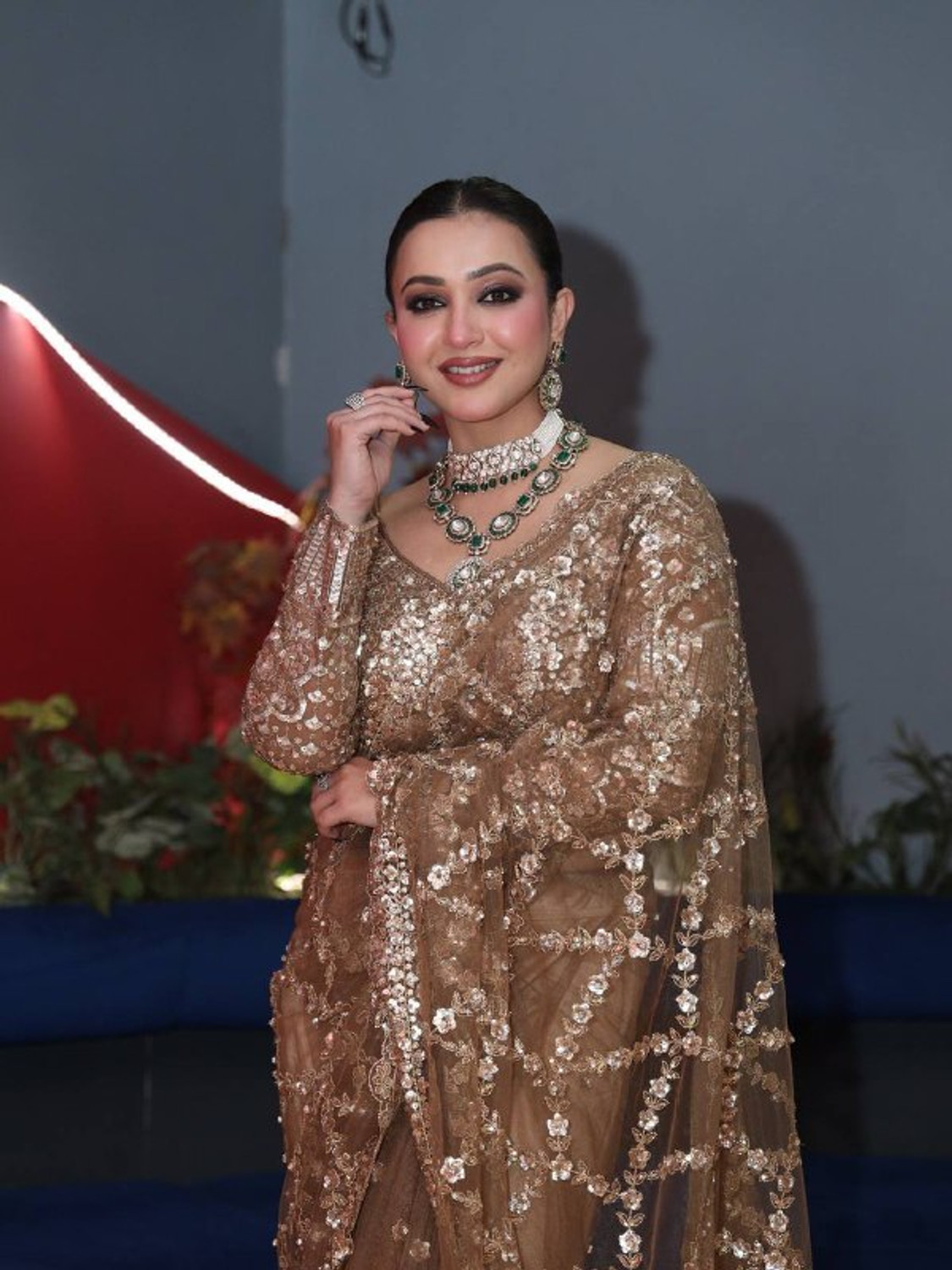 Image of S J Fashion Embellished, Embroidered, Floral Print Bollywood Net Saree (Beige)