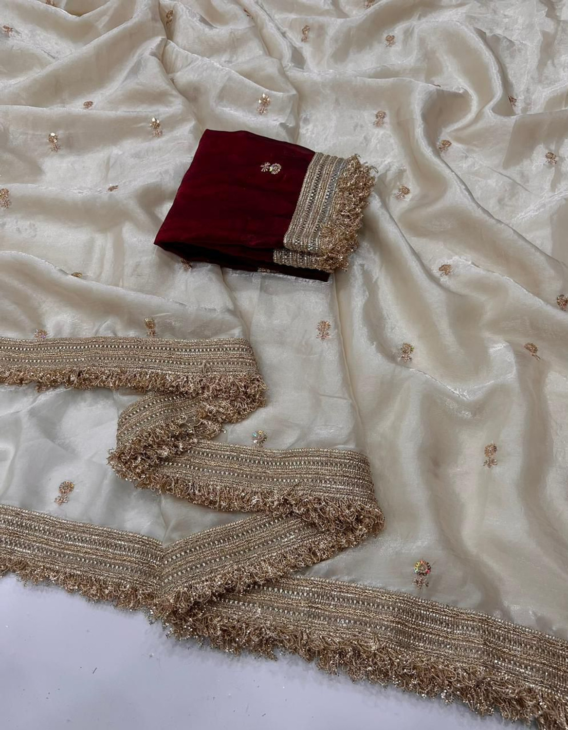 Image of Classy Foriever Embroidered Bollywood Jimmy Jimmy, Tissue Saree (Cream)