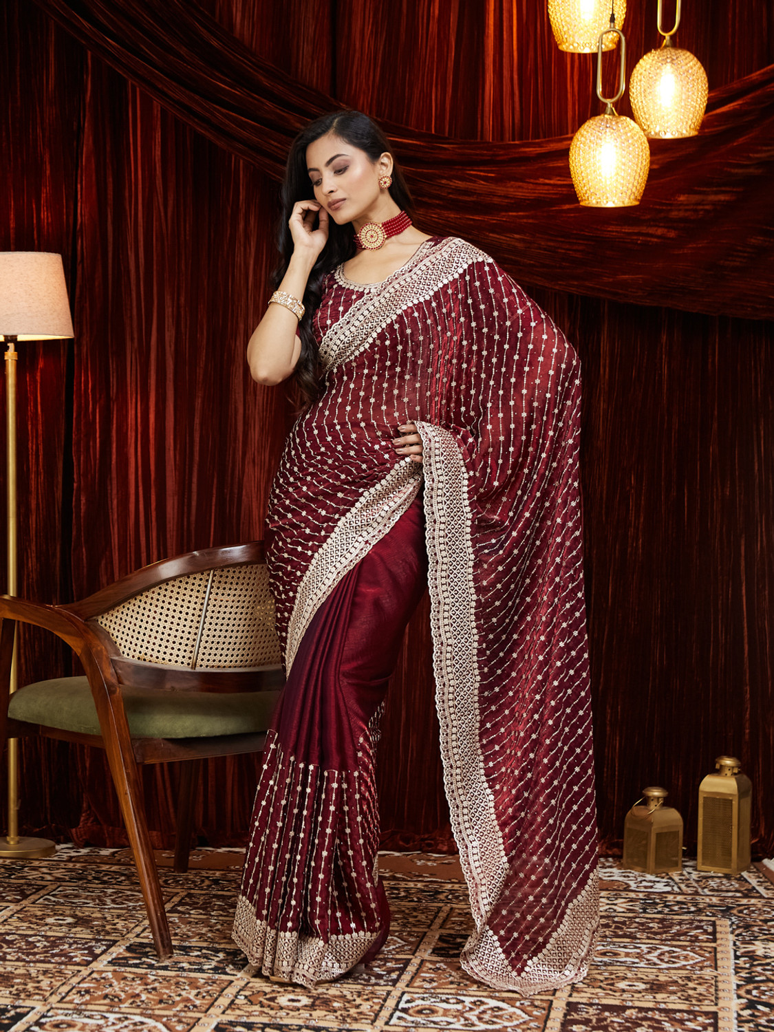 Image of KASEE Embroidered Bollywood Silk Blend Saree (Maroon)