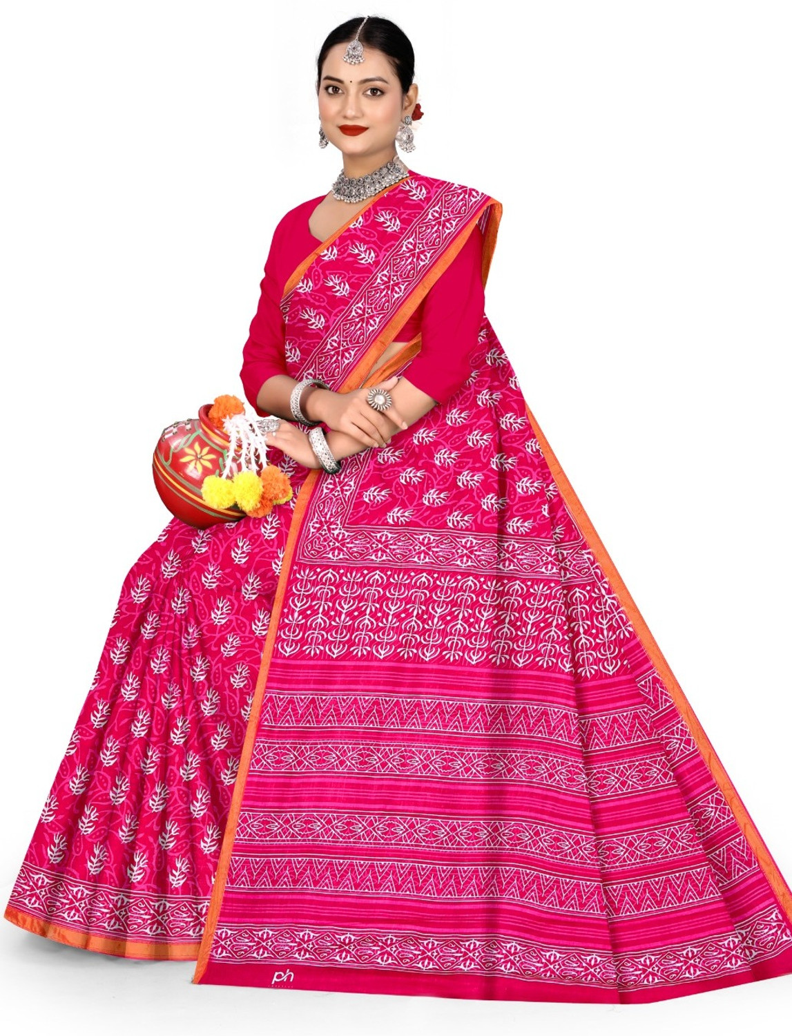 Image of RJ CREATION Floral Print, Printed, Geometric Print Daily Wear Pure Cotton Saree (Pink)