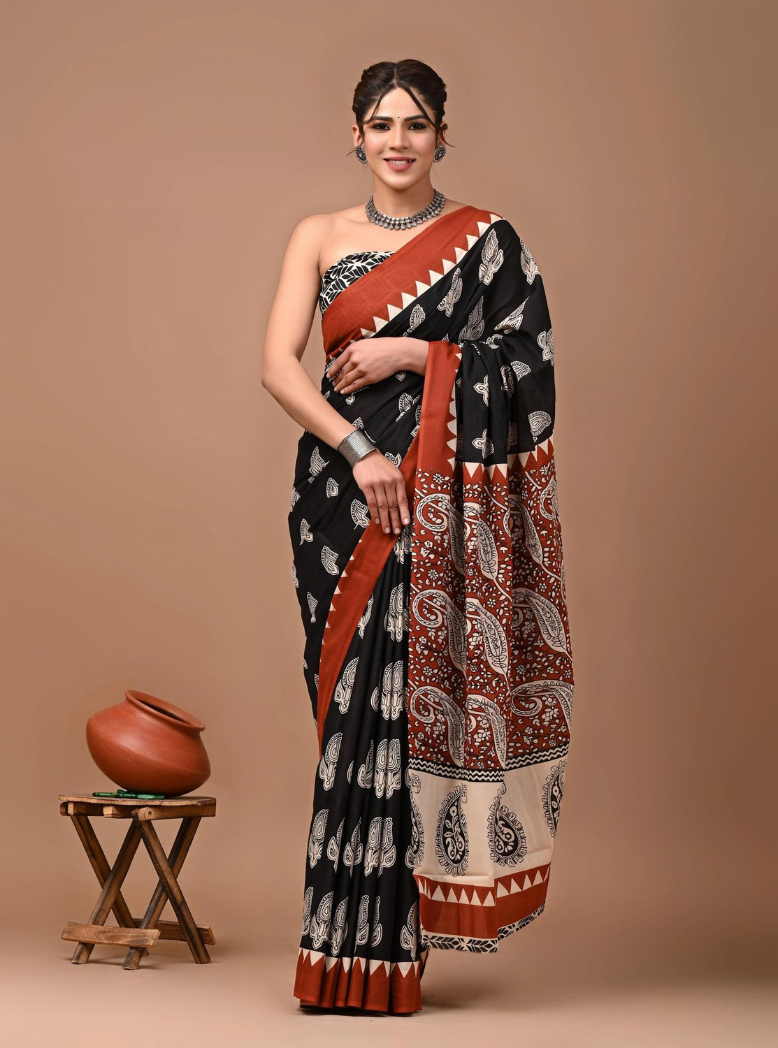 Image of RJ CREATION Floral Print, Printed, Geometric Print Daily Wear Pure Cotton Saree (Pink)