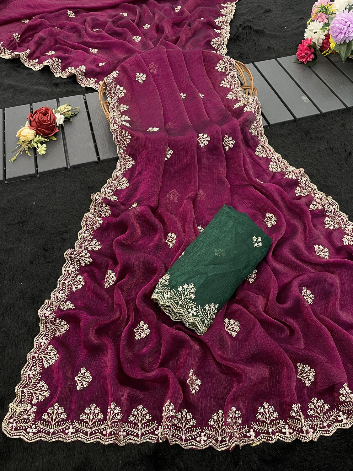 Image of Classy Foriever Embroidered Bollywood Jimmy Jimmy, Tissue Saree (Cream)