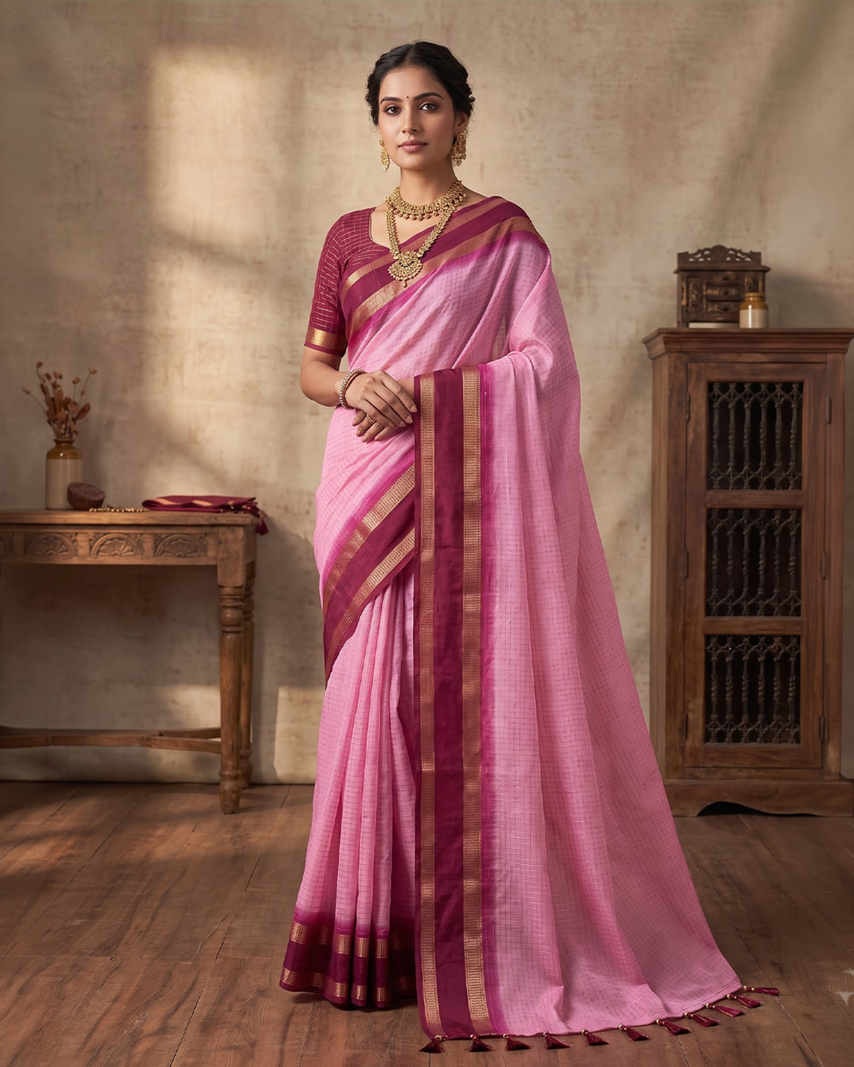 KASTURI Checkered Bollywood Georgette Pink Saree - Image 6