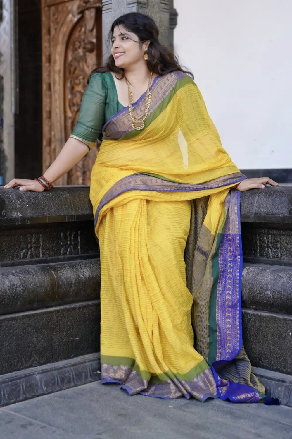 Image of GulabiSaheba Woven Daily Wear Pure Cotton Saree (Yellow, Blue)